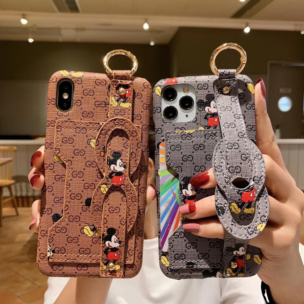 Ốp điện thoại đôi bằng da hình Mickey có dây đeo và ngăn đựng thẻ cho iphone 1 11pro x xr max