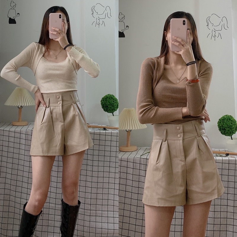 [Ảnh thật/Video]Quần short da cao cấp thiết kế cúc bấm kèm đai Quần sooc da phong các ulzzang