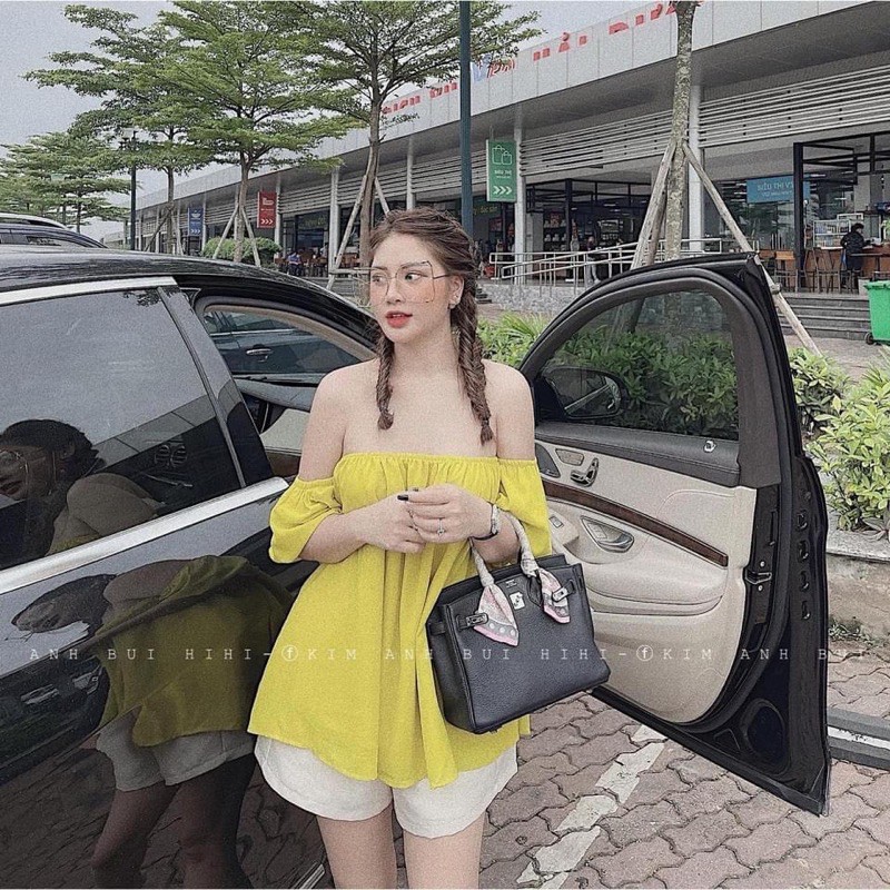 BÁN SỈ SÉT ÁO TRỄ VAI MÀU VÀNG CỐM MIX QUẦN SOOC GẤM CHO NỮ