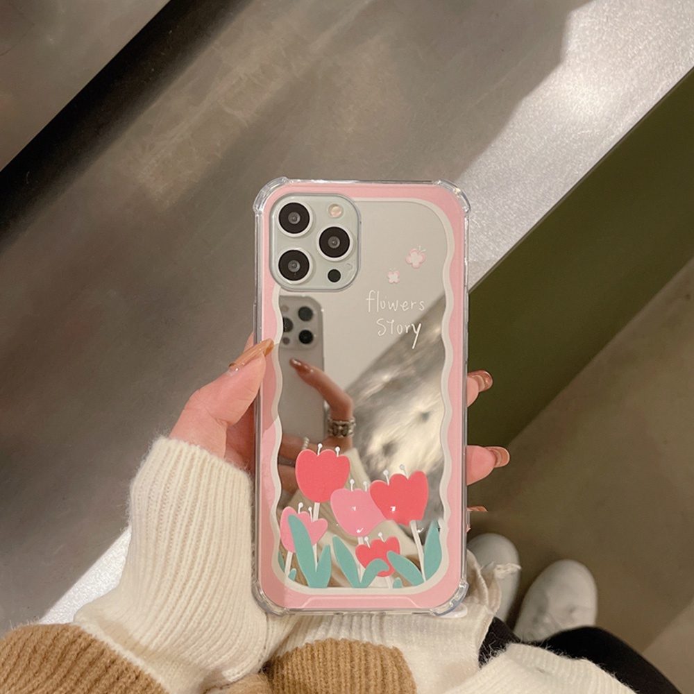 Ốp Điện Thoại TPU Dẻo Gắn Gương Trang Điểm Hình Hoa Tulip Cho iPhone 14 13 12 11 Pro Max XR X XS 7 Plus 8 Plus