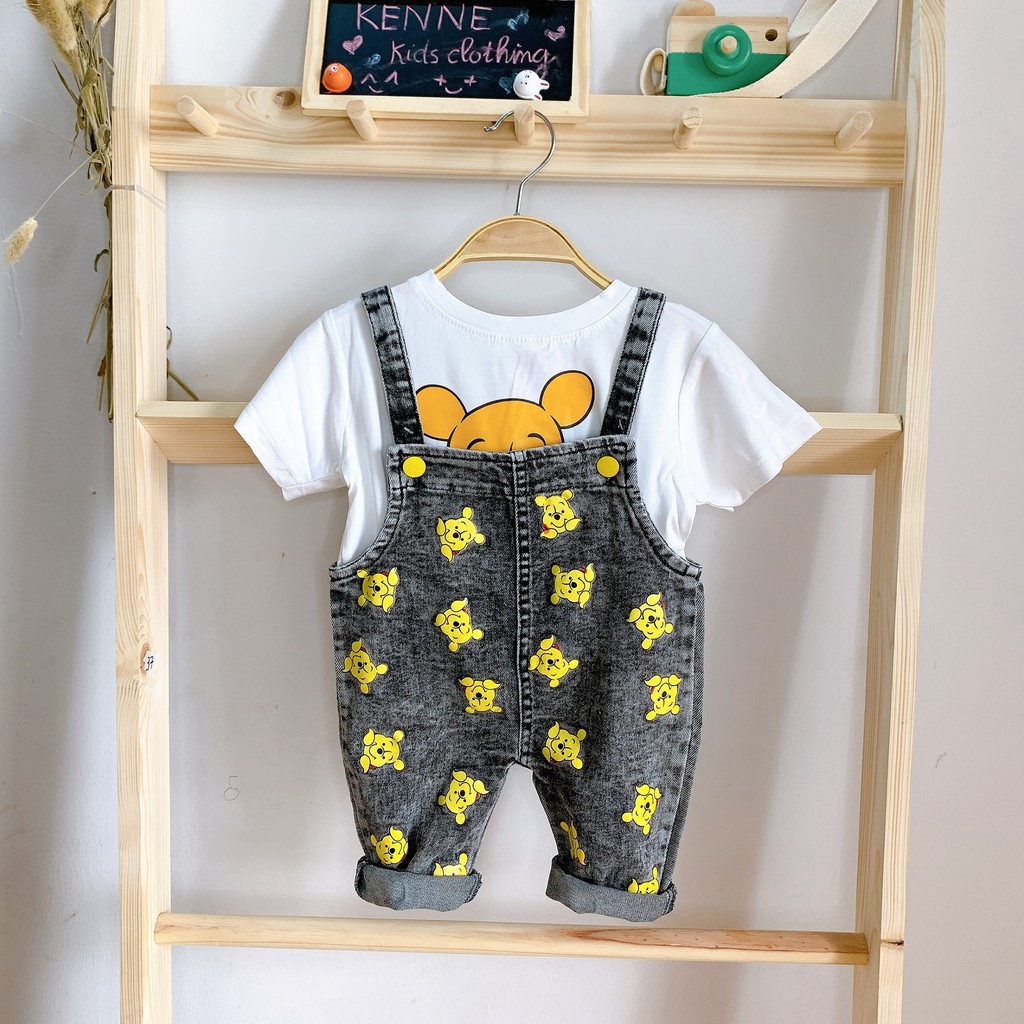Set bộ đồ yếm tay hình gấu Pooh và quần yếm cho bé bộ yếm cho bé