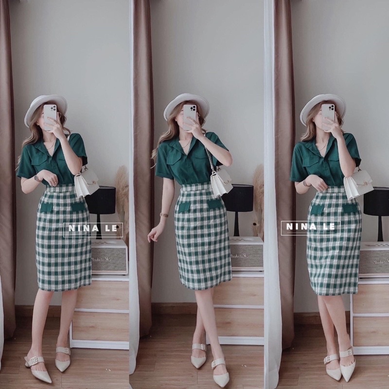 Sét Áo Caro xanh phối chân váy
