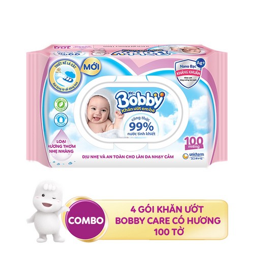 Combo 4 gói khăn ướt Bobby Care có hương 100 tờ