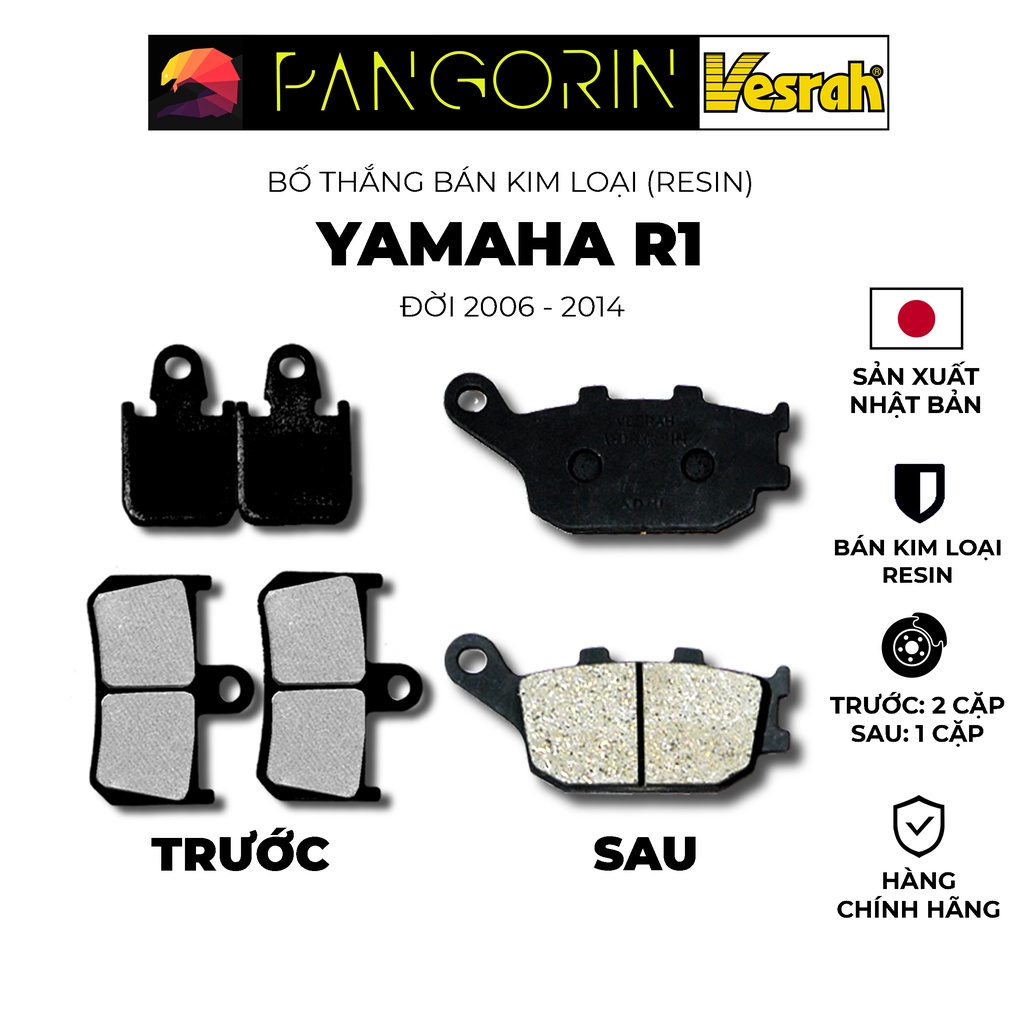 Vesrah - Bố thắng Má Phanh cho xe phân khối lớn mô tô Yamaha R1 2006-2014 bán kim loại Resin