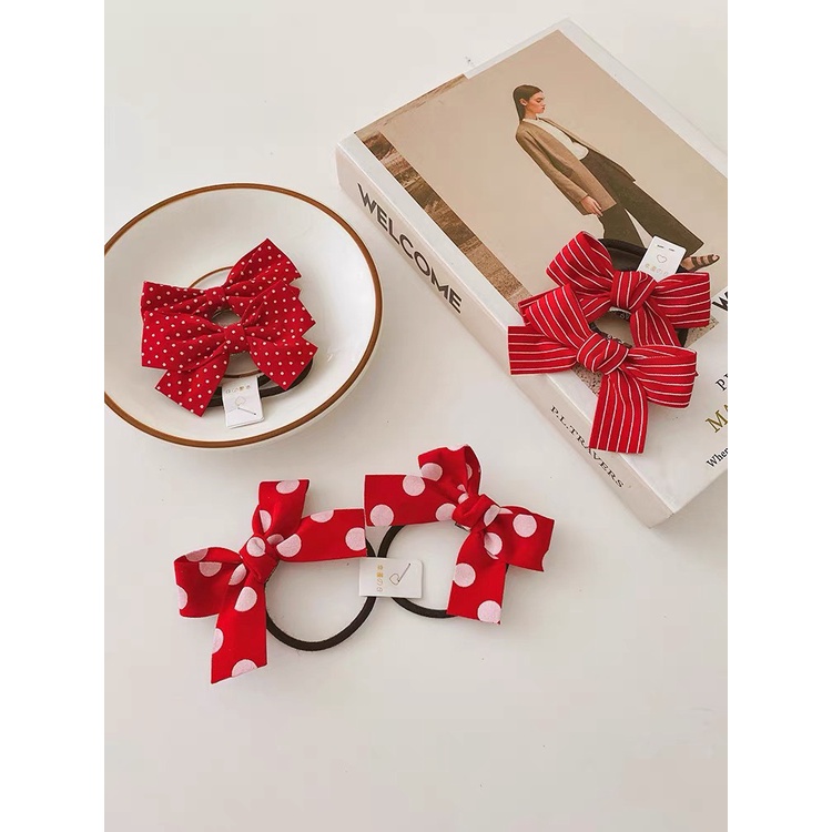 [SET 2] Dây cột tóc/Đồ buộc tóc đính nơ đỏ chấm bi phiên bản Hàn quốc cho bé và mẹ siêu xinh - Phụ kiện đôi