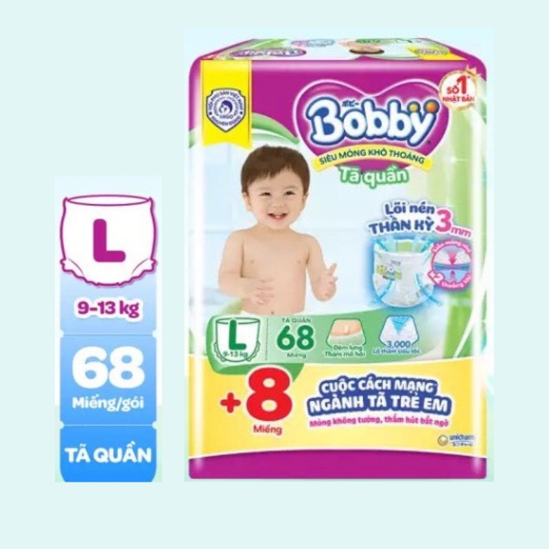[Có sẵn] Tã-Bỉm quần Bobby size L68, L68+8 - 68 miếng(cho trẻ 15-25kg)