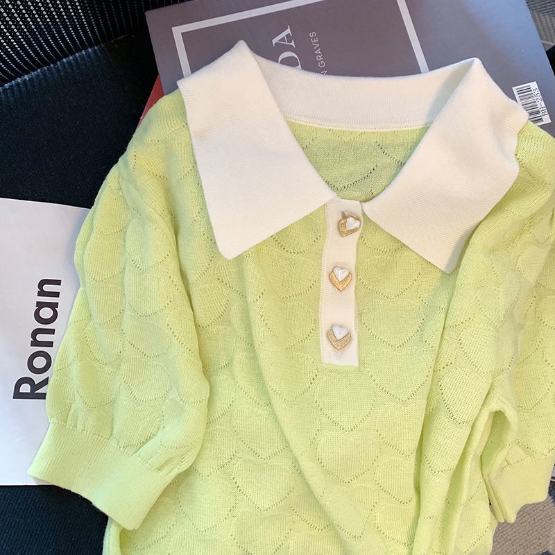 Áo Thun polo Tay Ngắn Phồng Cổ polo Màu Sắc Tương Phản Thời Trang Mùa Hè Dành Cho Bạn Nữ
