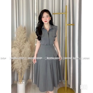 Set áo nắp túi chân váy dài ( kèm ảnh shop chụp thật )