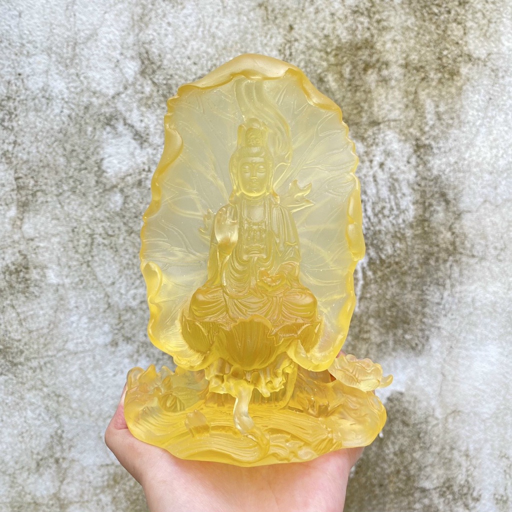 Tượng Quan Âm Lá Sen Đá Lưu Ly Cao Cấp Cao 16cm - Trang Trí Ô Tô Siêu Đẹp