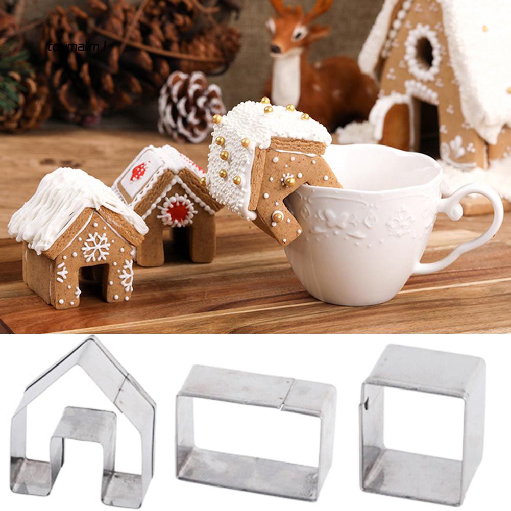 Set 3 khuôn kim loại cắt bánh quy hình ngôi nhà noel đẹp mắt