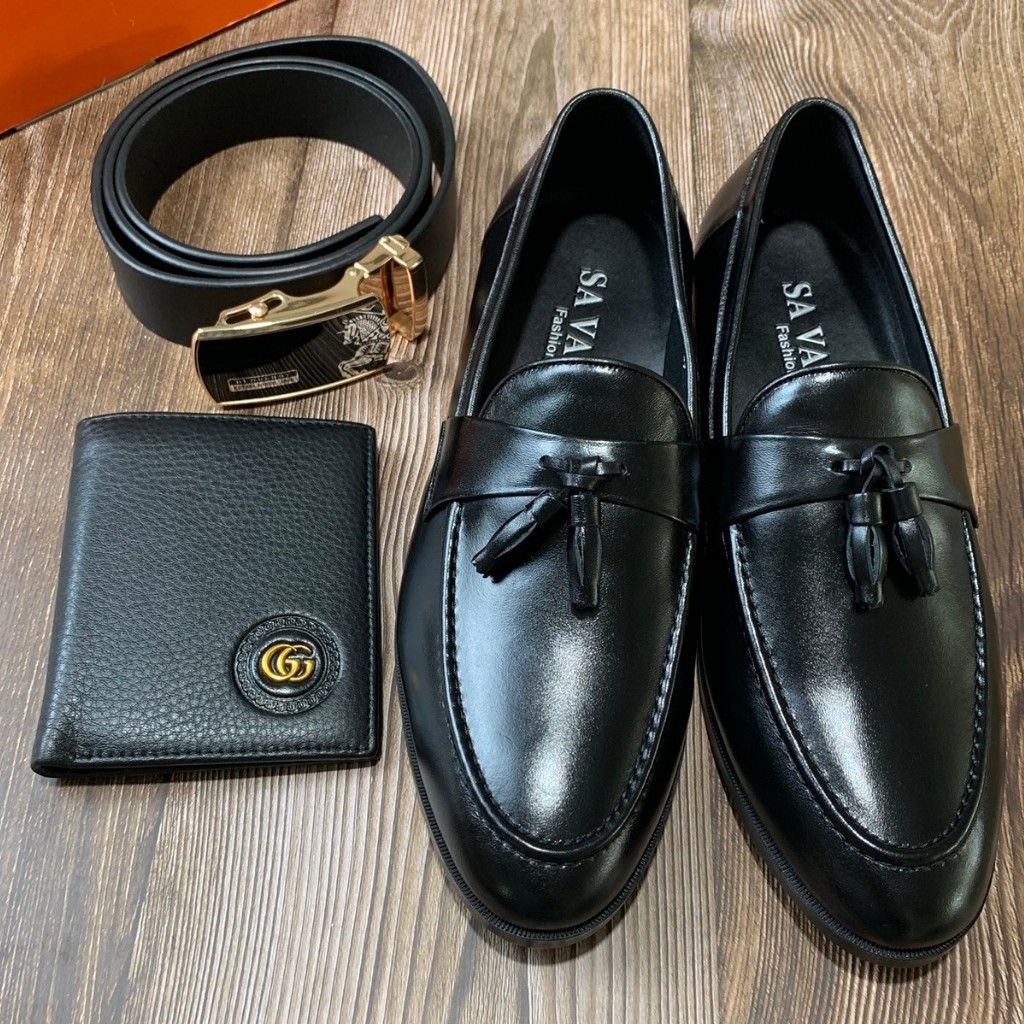 Giày tây công sở nam da bò chuẩn 100% chuông đen trơn