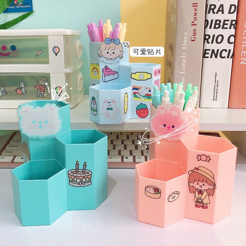 Hộp cắm bút 3 ngăn tặng kèm stjck siêu cute