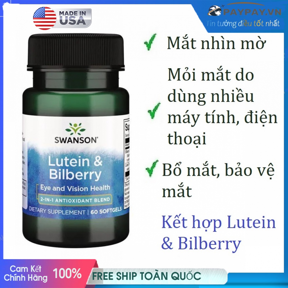 Viên uống sáng mắt bổ mắt Swanson Ultra Lutein & Bilberry nhập từ Mỹ 60 Viên