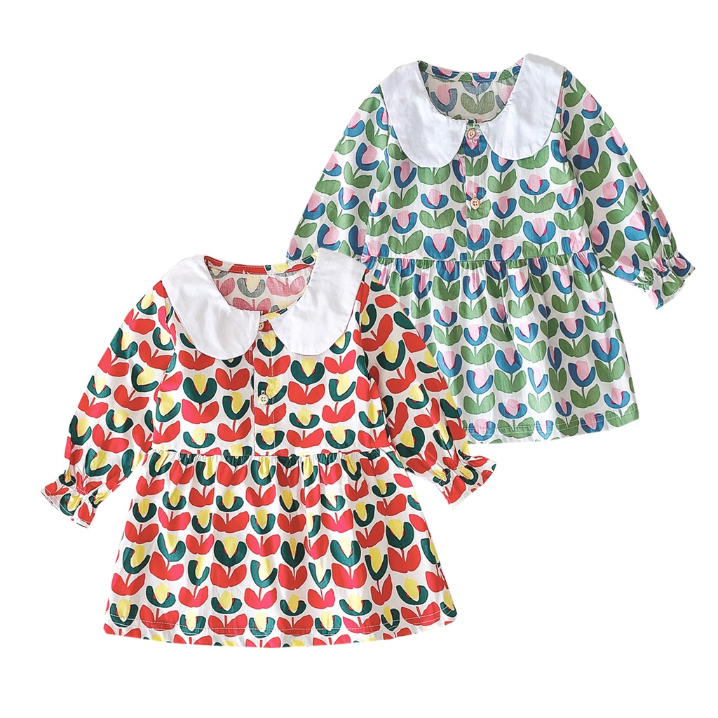 Đầm công chúa SANLUTOZ tay dài bằng cotton in họa tiết hoa thời trang xuân thu cho bé gái