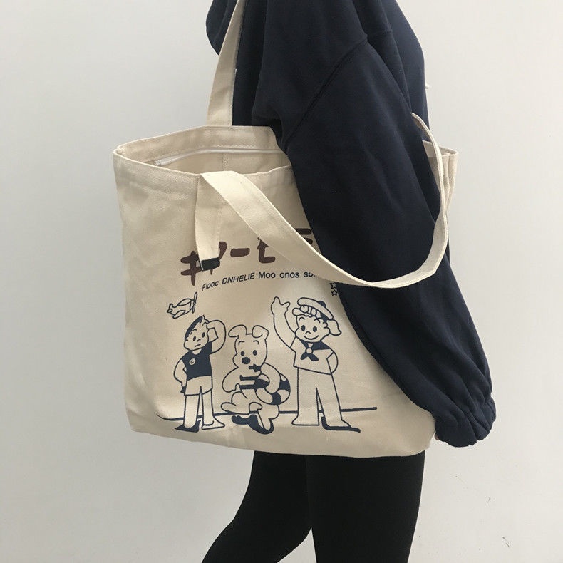 Túi đeo vai xách tay vải canvas cỡ lớn phong cách Hàn Quốc retro thời trang