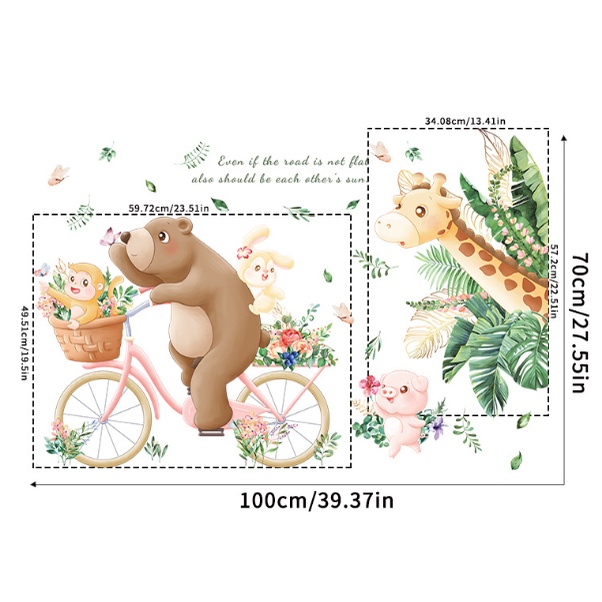 Decal trang trí tường - Hươu cao cổ và chú gấu đạp xe