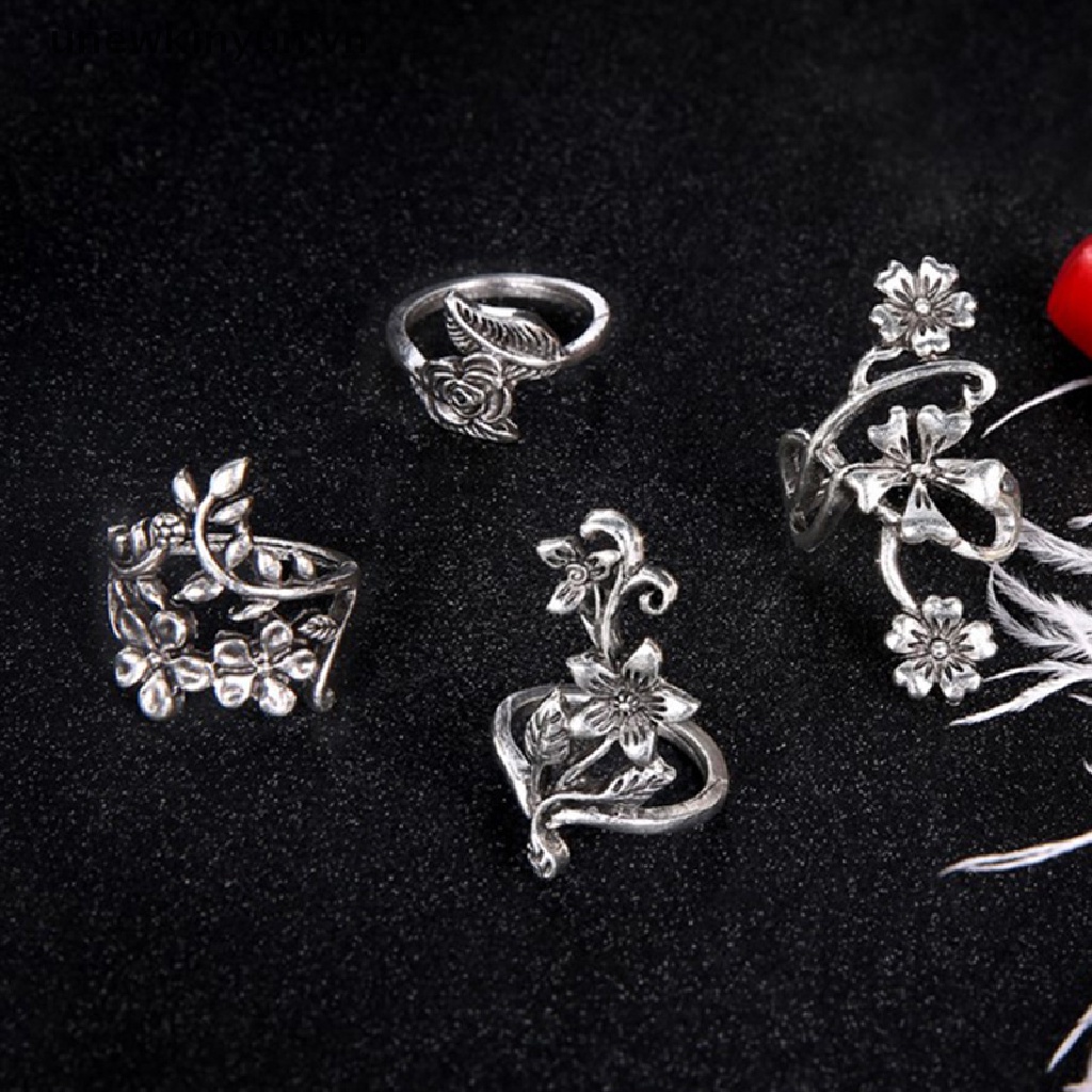 Set 4 Nhẫn Bạc Hình Hoa Hồng Phong Cách Bohemia Cổ Điển Màu Sắc Thời Trang