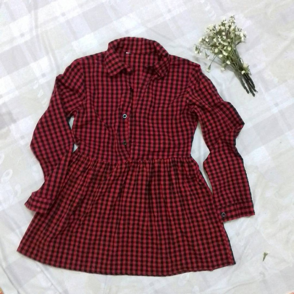 Sơ mi babydoll caro đỏ đen tay dài