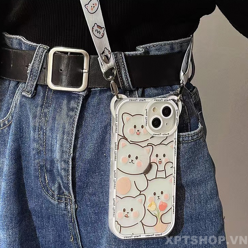 Ốp Điện Thoại Silicon Mềm Chống Sốc In Hình Gấu Hoạt Hình Có Dây Đeo Cho iPhone 14 Pro Max 13 Pro Max 12 Pro Max 11 Pro Max