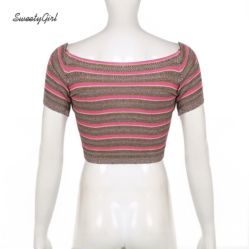 Áo Croptop Cổ Chữ U Tay Ngắn Họa Tiết Kẻ Sọc Màu Sắc Tương Phản Thời Trang Dành Cho Nữ 2022