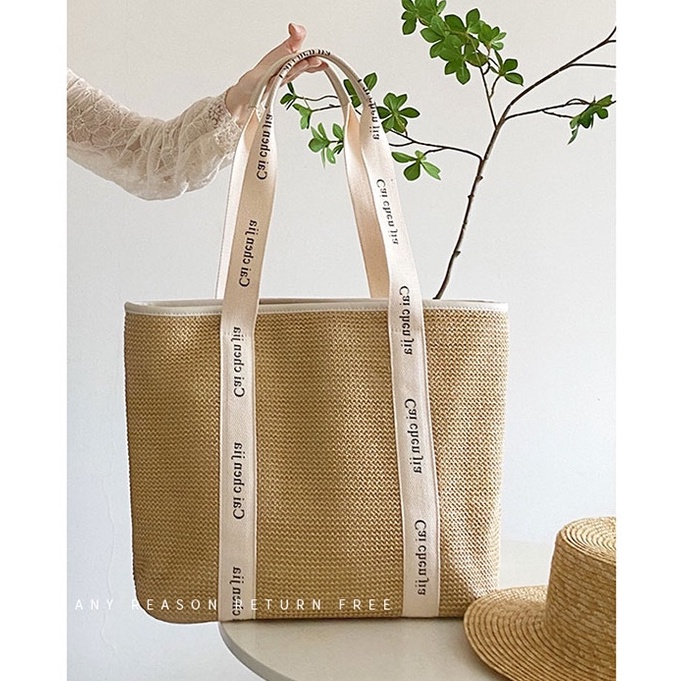 Túi Tote Poly hình chữ nhật - Dây sọc trắng in chữ ( Mẫu mới)