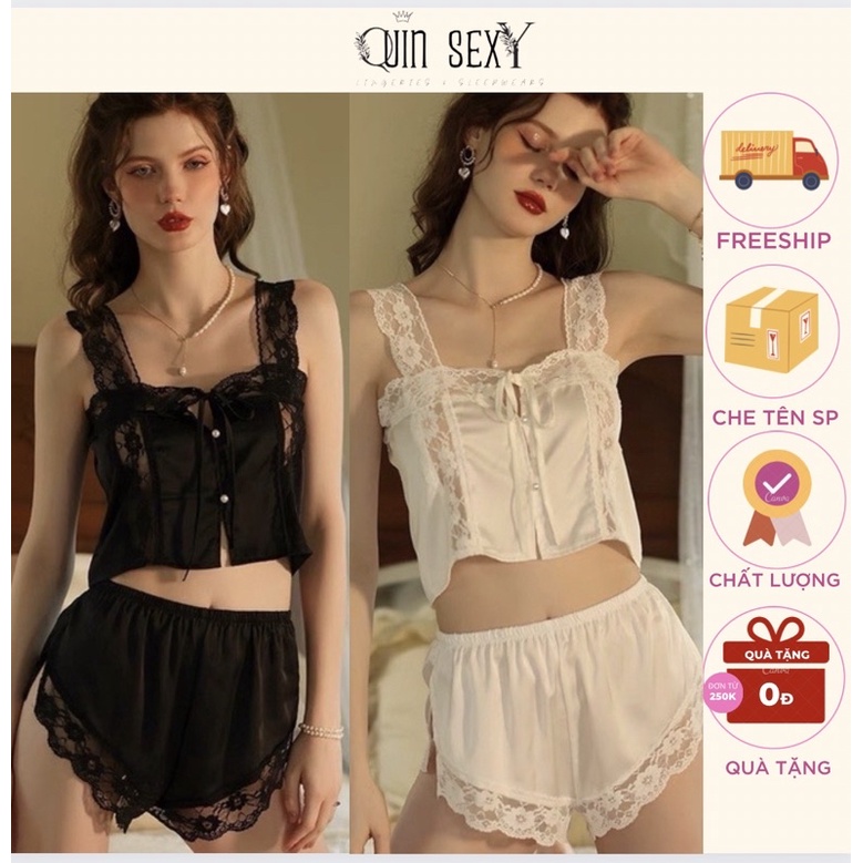 Bộ ngủ hai dây lụa phối ren sexy gợi cảm Cao cấp siêu dễ thương BN014