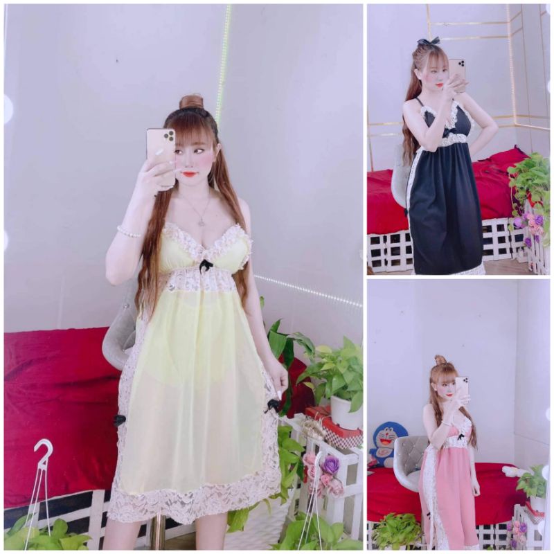 Váy ngủ sexy lụa cao cấp Đầm măc nhà 2 dây phối ren gợi cảm quyến rũ CARY