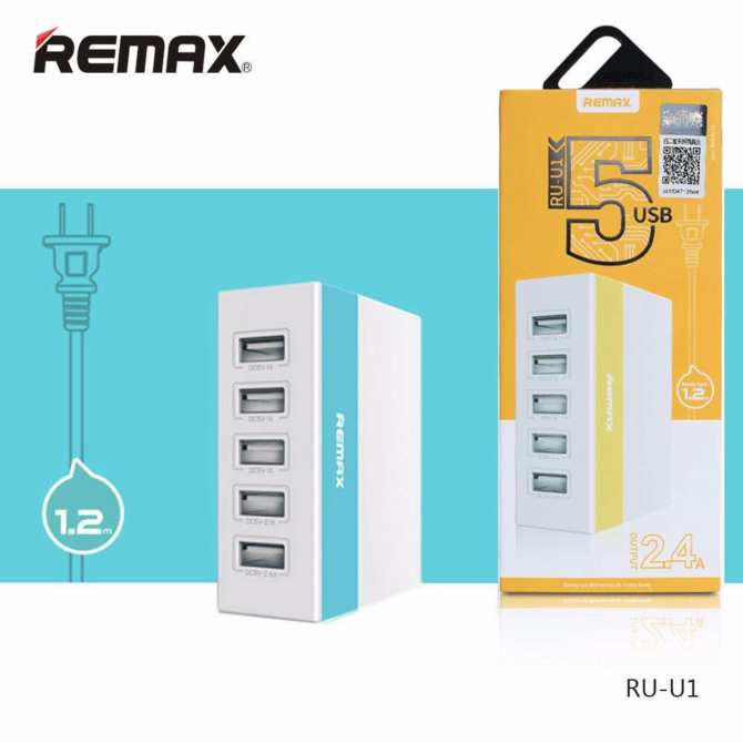 Củ (cốc) sạc 5 cổng USB Remax RU-U1 có 3 cổng 5V-1A, 1 cổng 5V-2.1A, 1 cổng 5V-2.4A hỗ trợ sạc nhanh