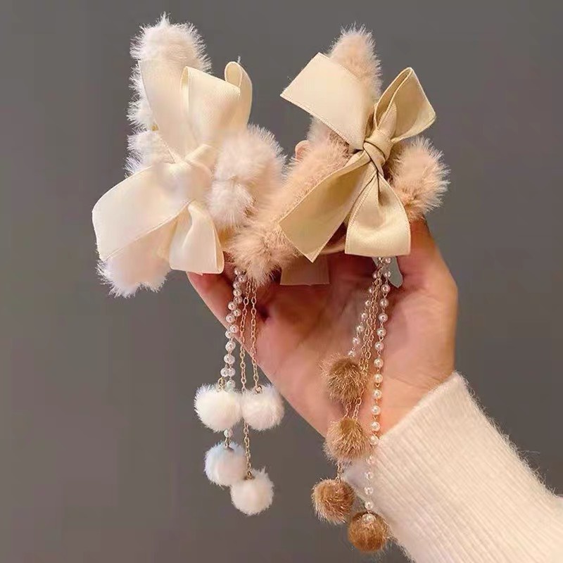 ❣️Kẹp Tóc Lông Nơ Dây Tua Rua, Kẹp Lông Nơ Dây Hạt Bông Tiểu Thư❣️