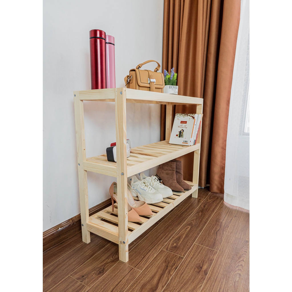 Kệ giày dép gỗ thông 3 tầng decor phòng ngủ phong cách Hàn Quốc l Kệ để giày gỗ 3 tầng kích thước 80*69*29cm