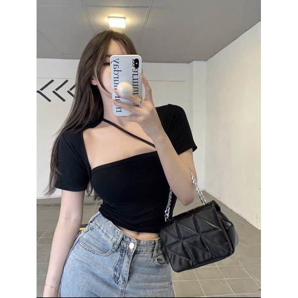 Áo kiểu croptop tay ngắn phối dây chéo cho nữ sexy