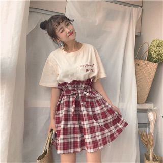 🎀 Set Váy Caro + Áo Phông Cute - HÀNG CÓ SẴN