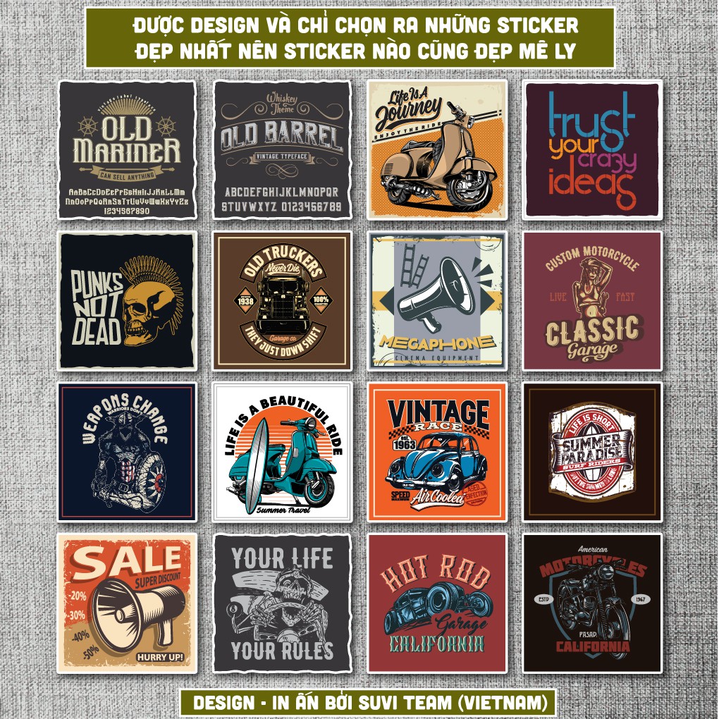 50 Sticker Vintage Retro 10 chống nước sticker dán laptop, điện thoại, đàn guitar, mũ bảo hiểm, vali. MSP:VR10