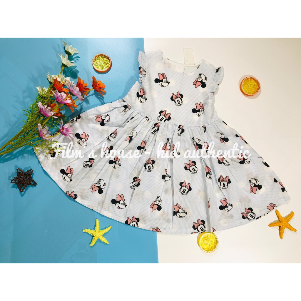 Váy vải cotton xanh nền Minnie xanh, có ly nhún điệu đà, Hờ mờ US săn SALE