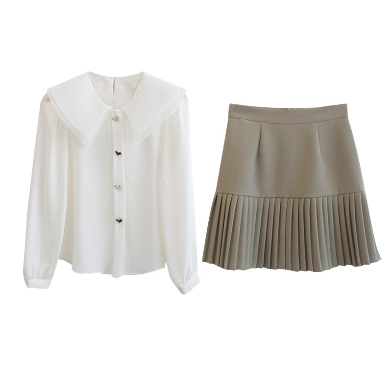Set áo sơ mi MORAN cổ bẻ búp bê+ Chân váy xòe ngắn xếp ly tiểu thư thanh lịch