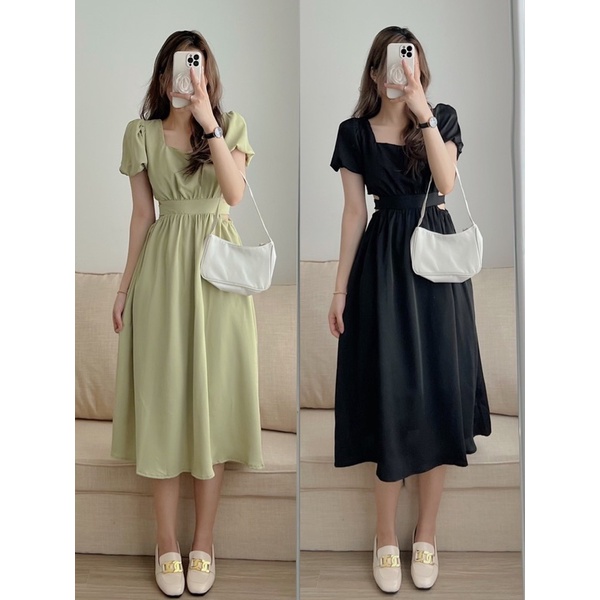 Đầm váy midi khoét eo cổ vuông tay bồng siêu xinh