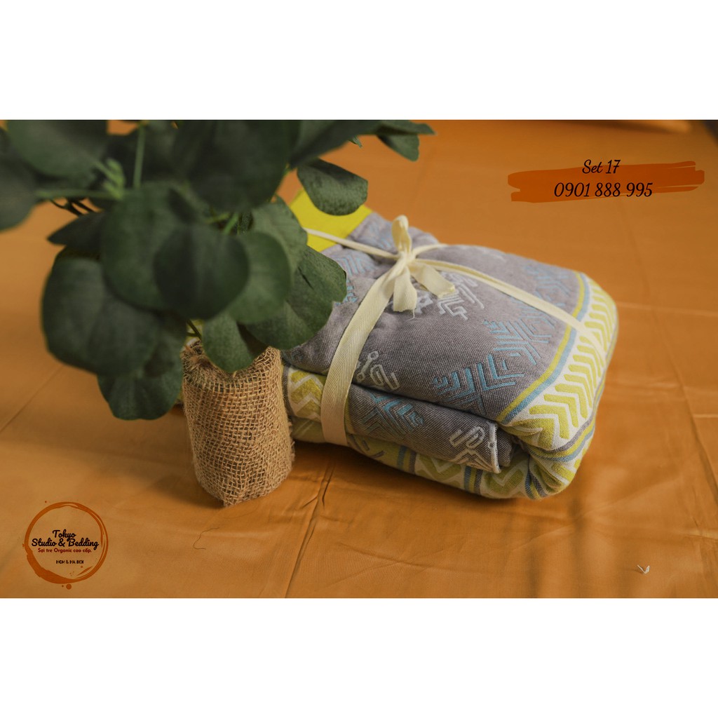 Set 17 _ Chăn Xô Cotton Sợi tre Organic dòng Basic &amp; Ga gối Lụa