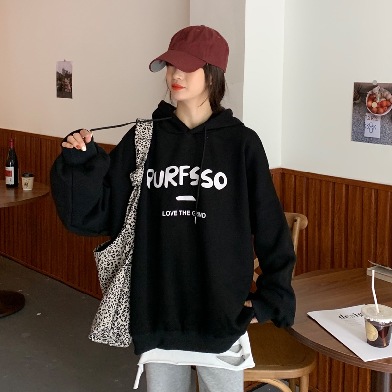 Áo sweater tay dài dáng rộng in chữ kiểu Hàn Quốc dễ phối đồ