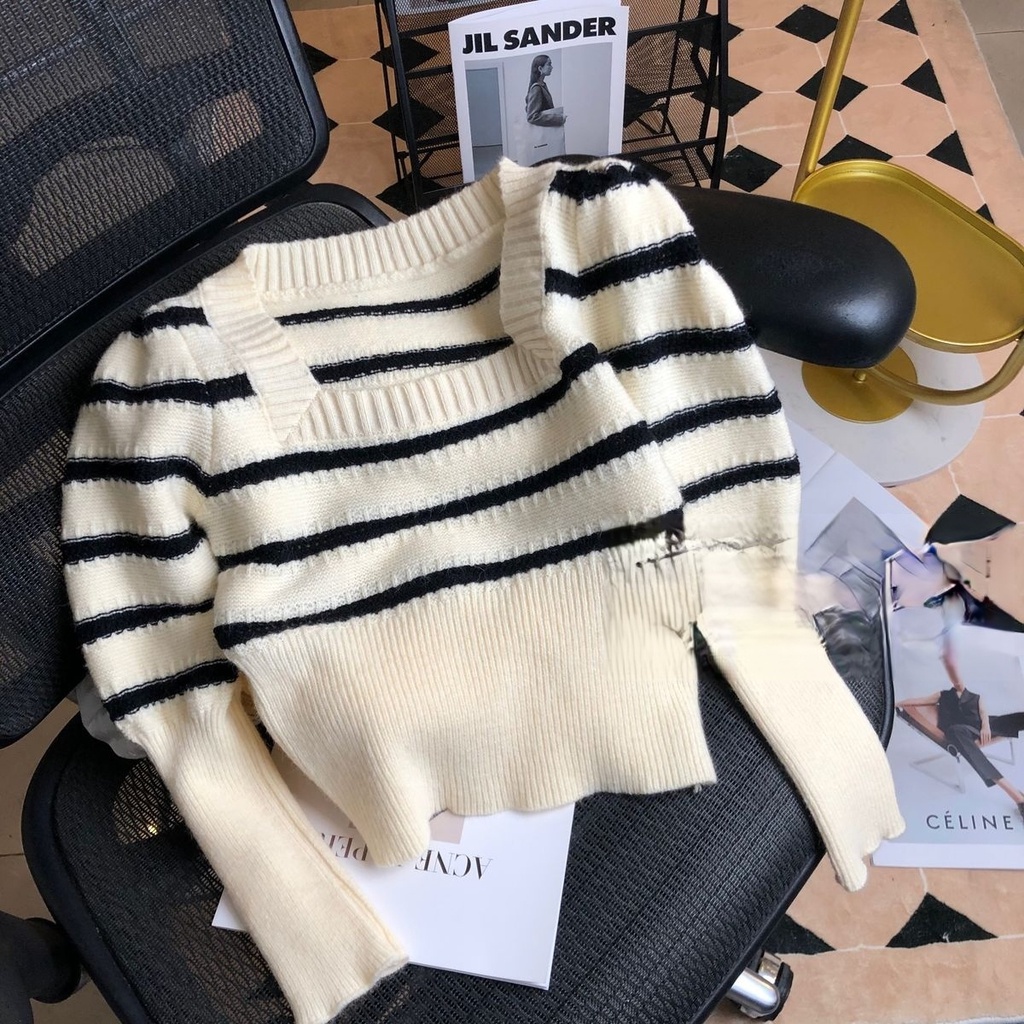 Áo sweater Dệt Kim Cổ Vuông Họa Tiết Kẻ Sọc Màu Sắc Tương Phản Thời Trang Mùa Thu Cho Nữ