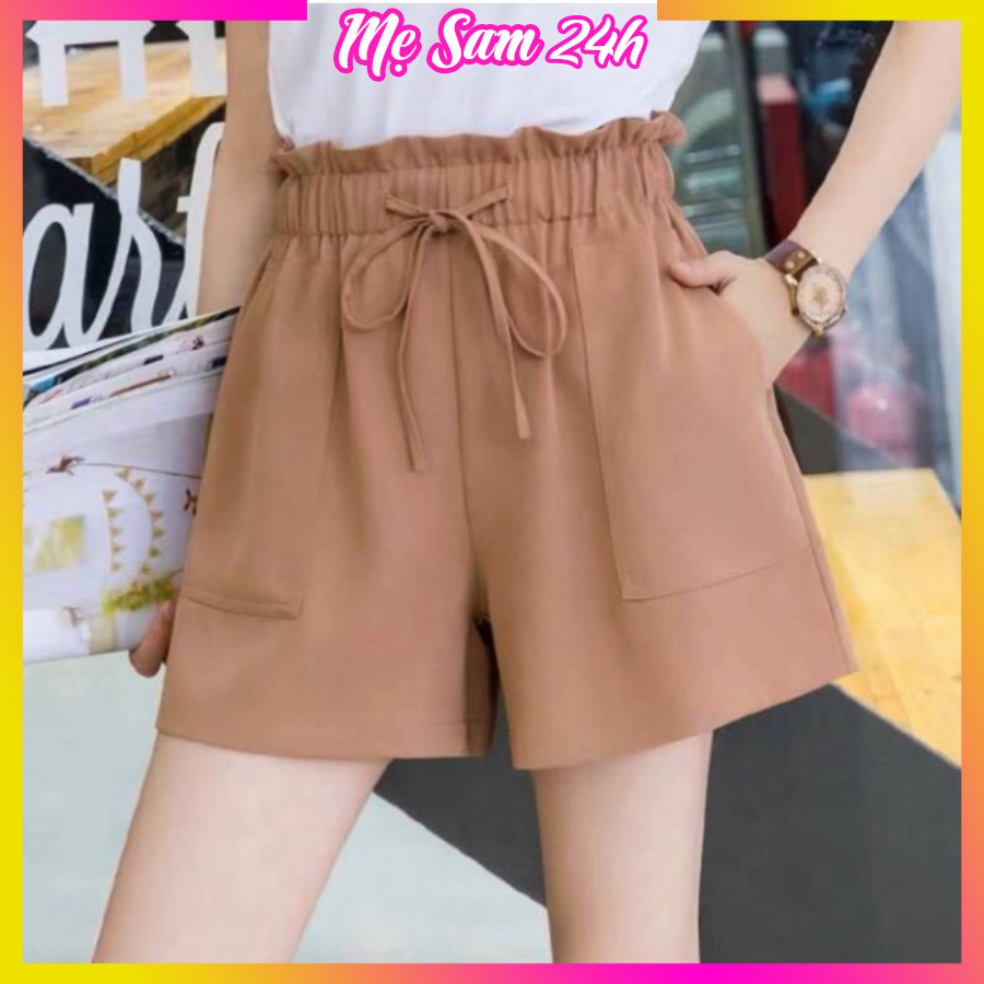 Quần short nữ cạp cao, quần đùi nữ ống rộng lưng thun Mẹ Sam 24h, chất liệu Đũi mịn mát, form thoải mái QH.49