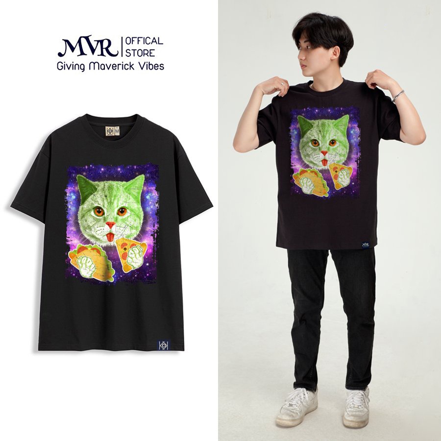 Áo Thun Phông Tay lỡ In Hình Mèo Ăn Bánh Pizza Áo Cute Đồ Ăn Cho Mèo Full Tag Cao Cấp Cotton 100% MVR KK732