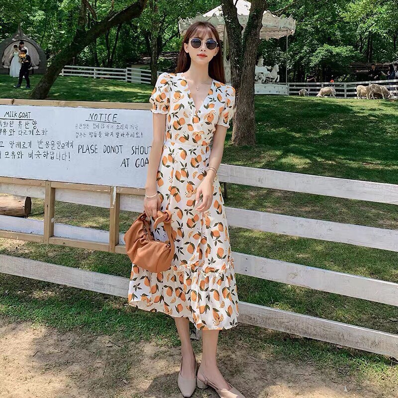 [Anh thật/video] Đầm maxi quả chanh xinh xắn Váy quả chanh mùa hè cổ V | BigBuy360 - bigbuy360.vn