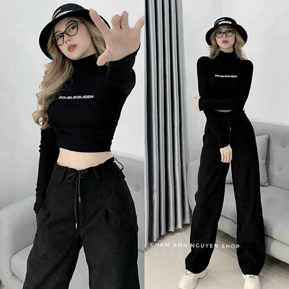 Áo thun croptop cổ cao in chữ siêu hot