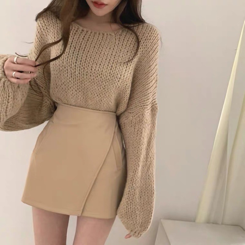 [Order taobao]( có tách set) Áo len tay phồng trơn basic dáng rộng và chân váy da style Hàn Quốc