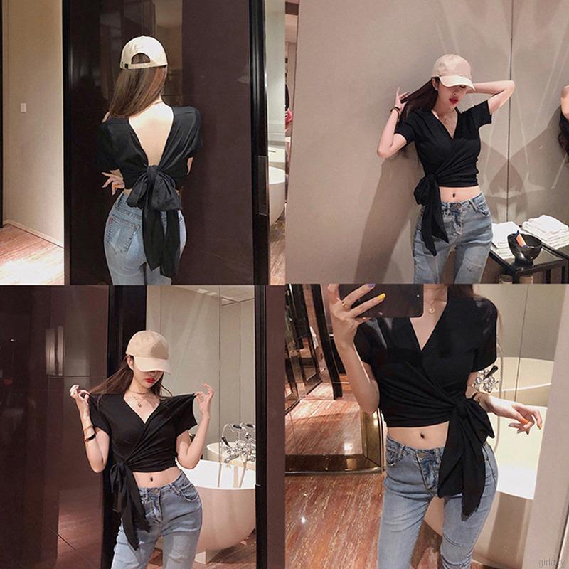 Áo croptop ngắn tay cổ V hở lưng quyến rũ phong cách Hàn Quốc