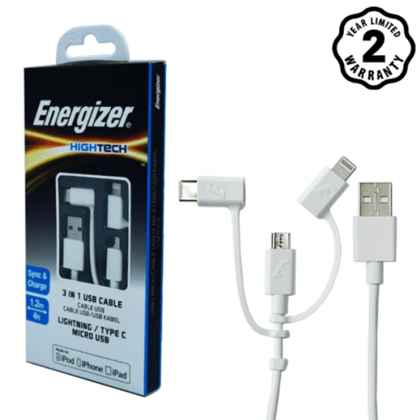 Cáp sạc 3 cổng Energizer Lightning Micro-USB USB-C dài 1.2m - C11UBX3CFWH4 (Trắng)