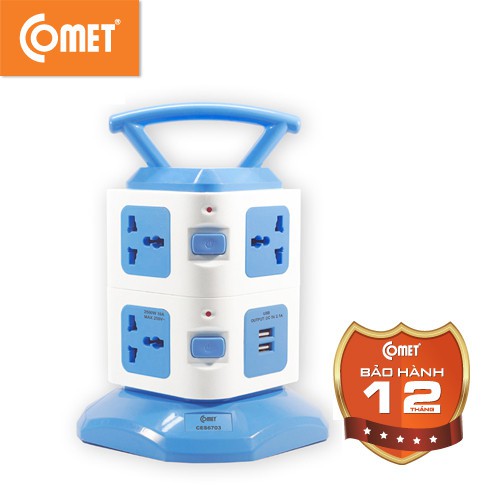 Ổ Cắm Điện đa năng COMET 2500W dây dài 3m, 7 lỗ cắm 3 chấu, 2 cổng sạc USB, CES6703