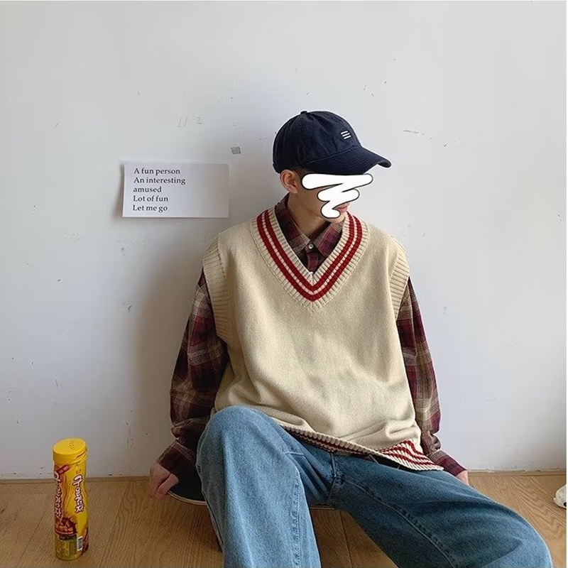 Áo Sweater Dệt Kim Sát Nách Dáng Rộng Cổ v Kẻ Sọc Kiểu Hàn Quốc Cá Tính Cho Nam Cỡ M-2XL