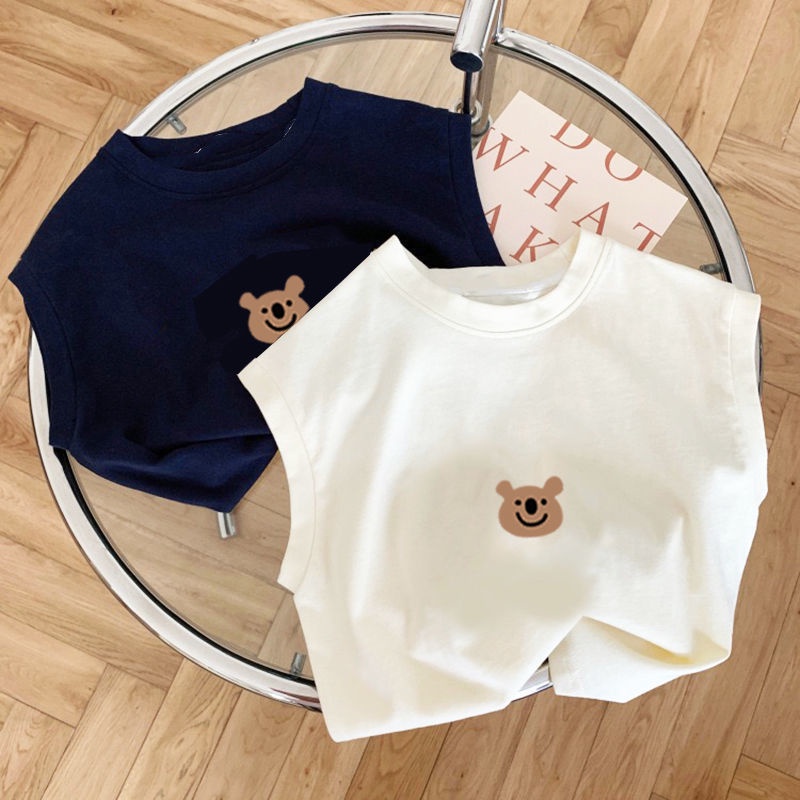 Áo Thun Sát Nách 100% cotton Họa Tiết Gấu Hoạt Hình Dễ Thương Cho Bé
