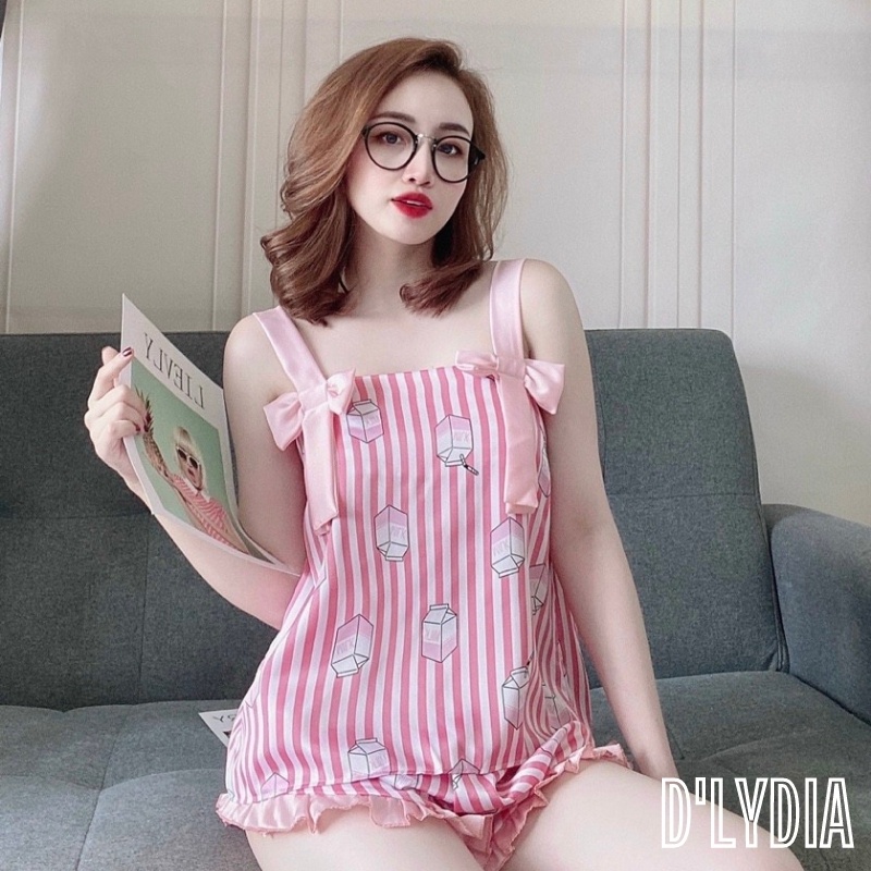 Đồ bộ nữ 2 dây mặc nhà lụa satin sexy phối nơ D'LYDIA DB03